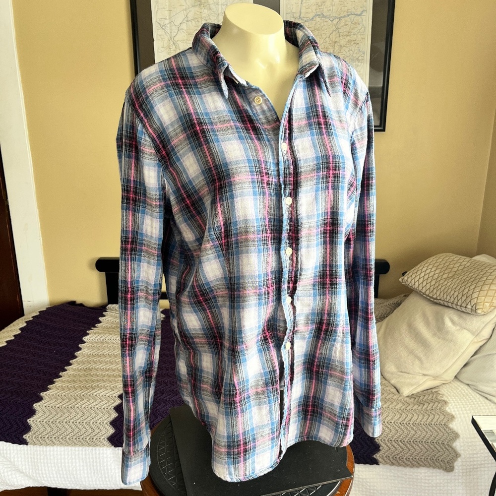 CP Shades Plaid Cotton L/S Shirt USA Pink Purple Blue w/Silver Thread Accent